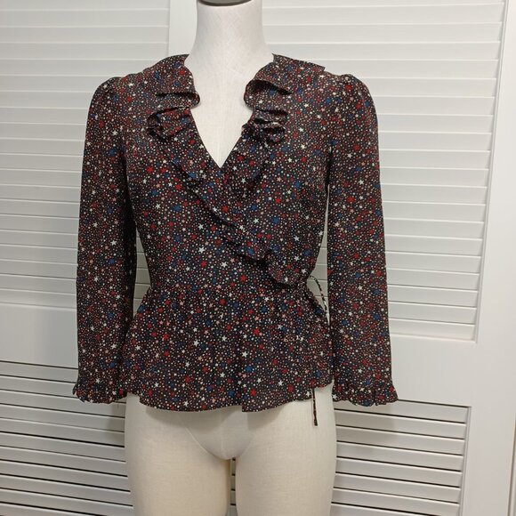 Madewell Star Print Blouse 100% Silk Peplum Wrap Size XSmall - Picture 6 of 15